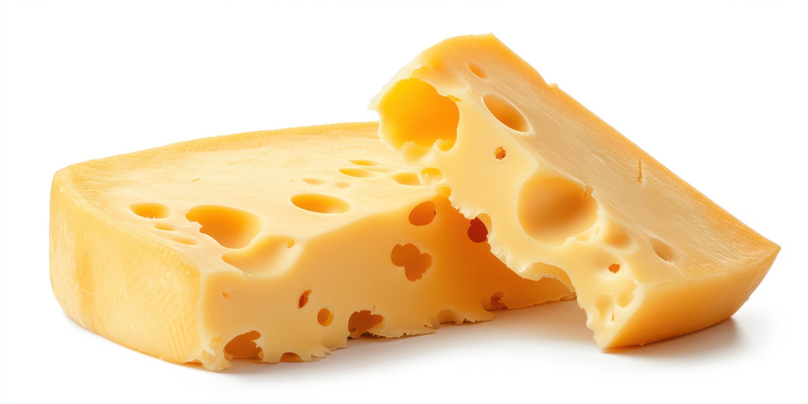 Delicious cheese with holes cut into two pieces sits on a white background ready for snacking, cooking, or serving at a gathering